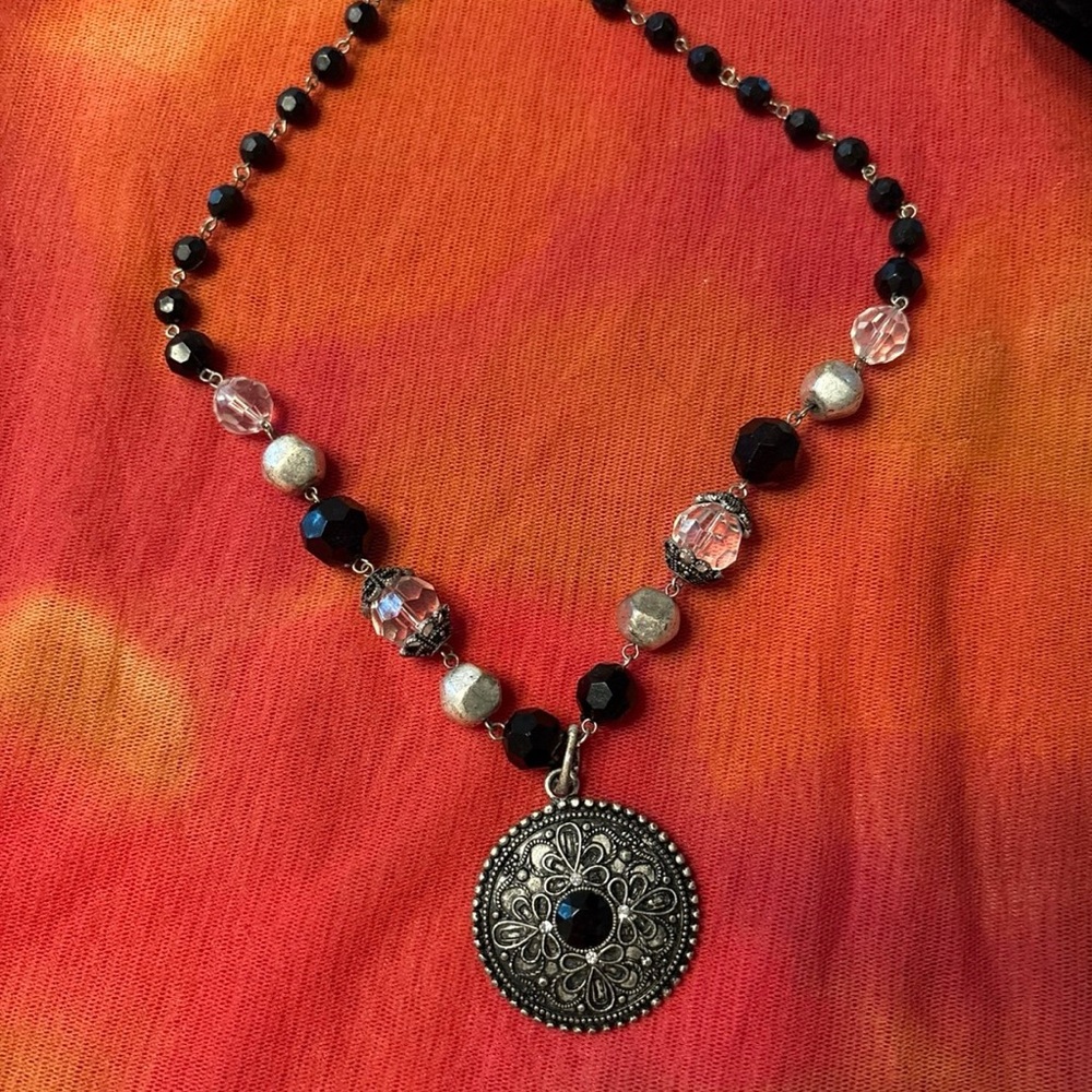 Black and Silver Beaded Necklace with Pendant